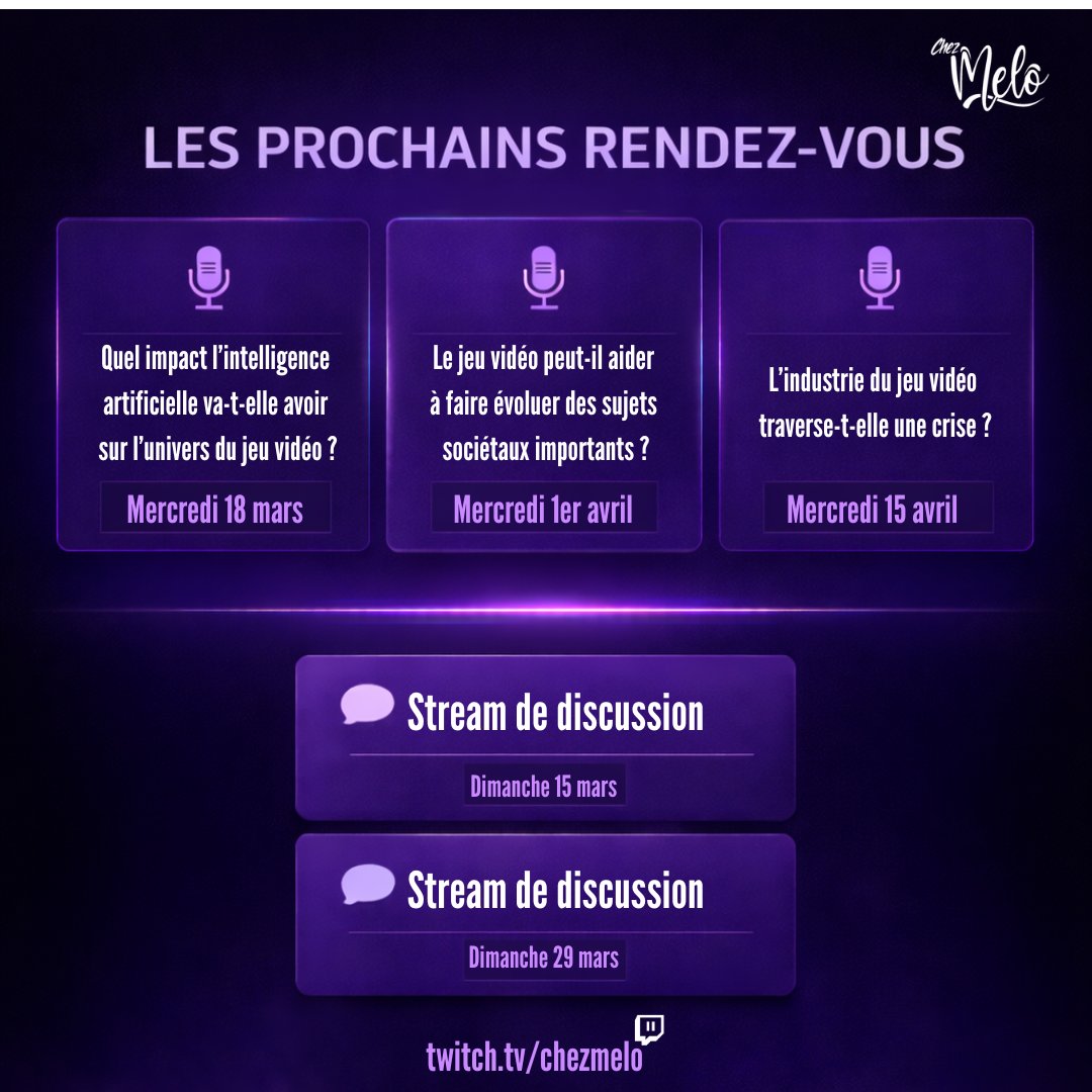 chezmelo_tv's tweet photo. 🚨 Les prochains sujets arrivent !

🎙️ 3 nouvelles émissions
💬 2 streams de discussion

Objectif : atteindre l’affiliation Twitch 💜

Envie de participer aux discussions ?
📩 DM ouverts

🔁 Un RT / partage aide beaucoup ! https://t.co/6iUFRW4C4N