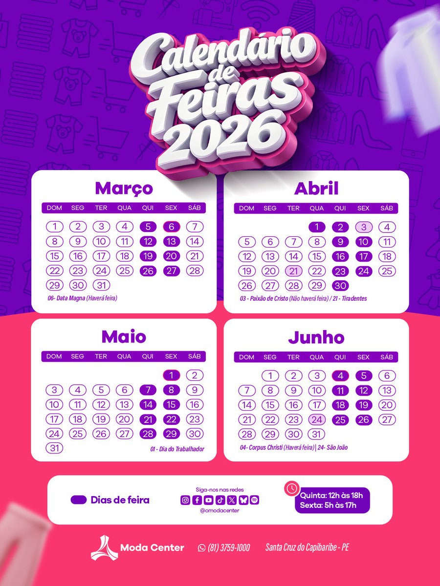 📅✨O calendário de feiras do Moda Center para os meses de março a junho já está disponível! Agora você pode se programar com antecedência, organizar sua excursão e planejar suas compras no maior centro atacadista de confecções do Brasil.

#modacentersantacruz
#calendáriodefeiras