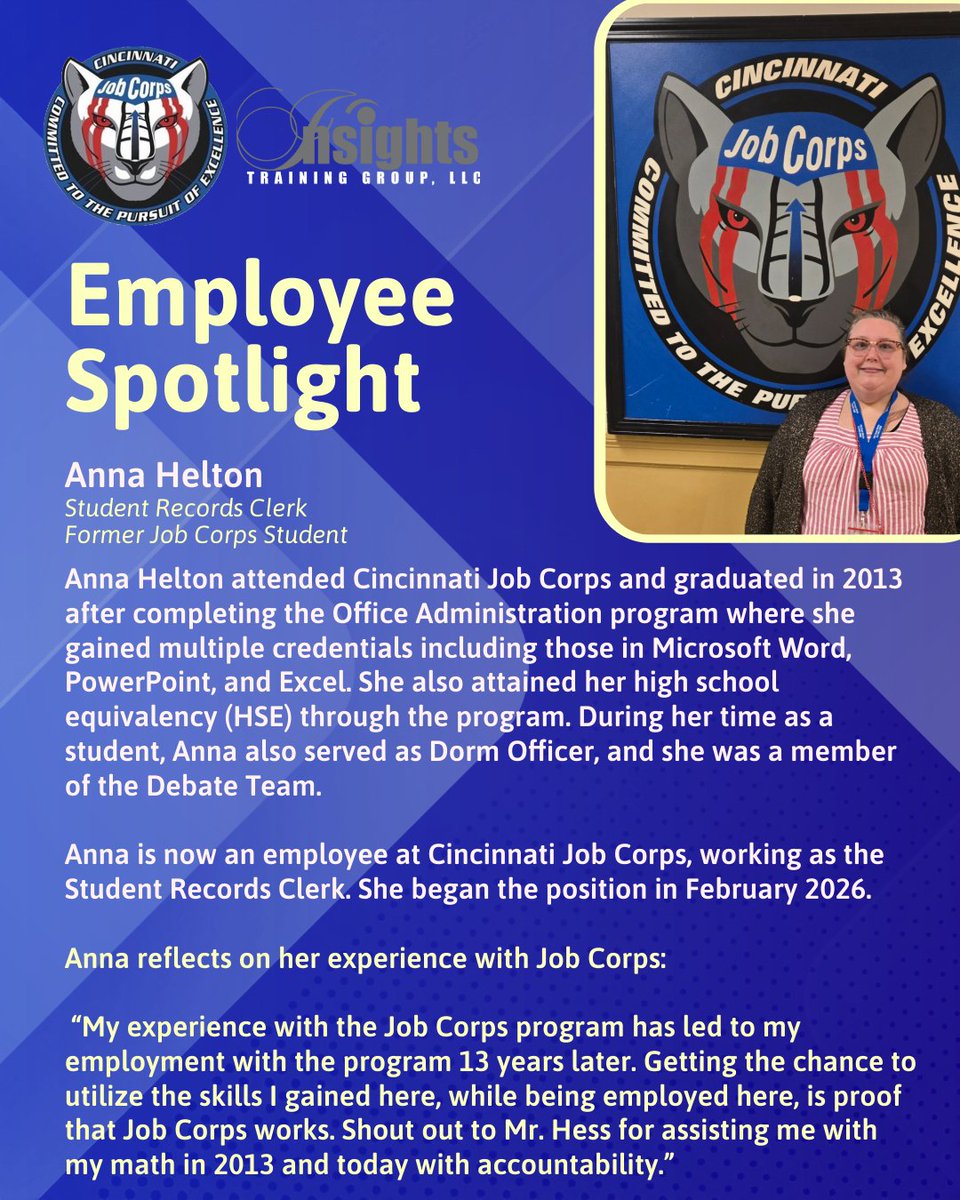 insights2004's tweet photo. 🌟 Employee Spotlight 🌟
This week’s spotlight is on Cincinnati Job Corps’ Student Records Clerk, Anna Helton who was also a student at Cincinnati JCC. Thank you for your contributions and commitment to Job Corps and the Insights mission!
#employeespotlight #careersbeginhere https://t.co/xy8Ouj3V9o