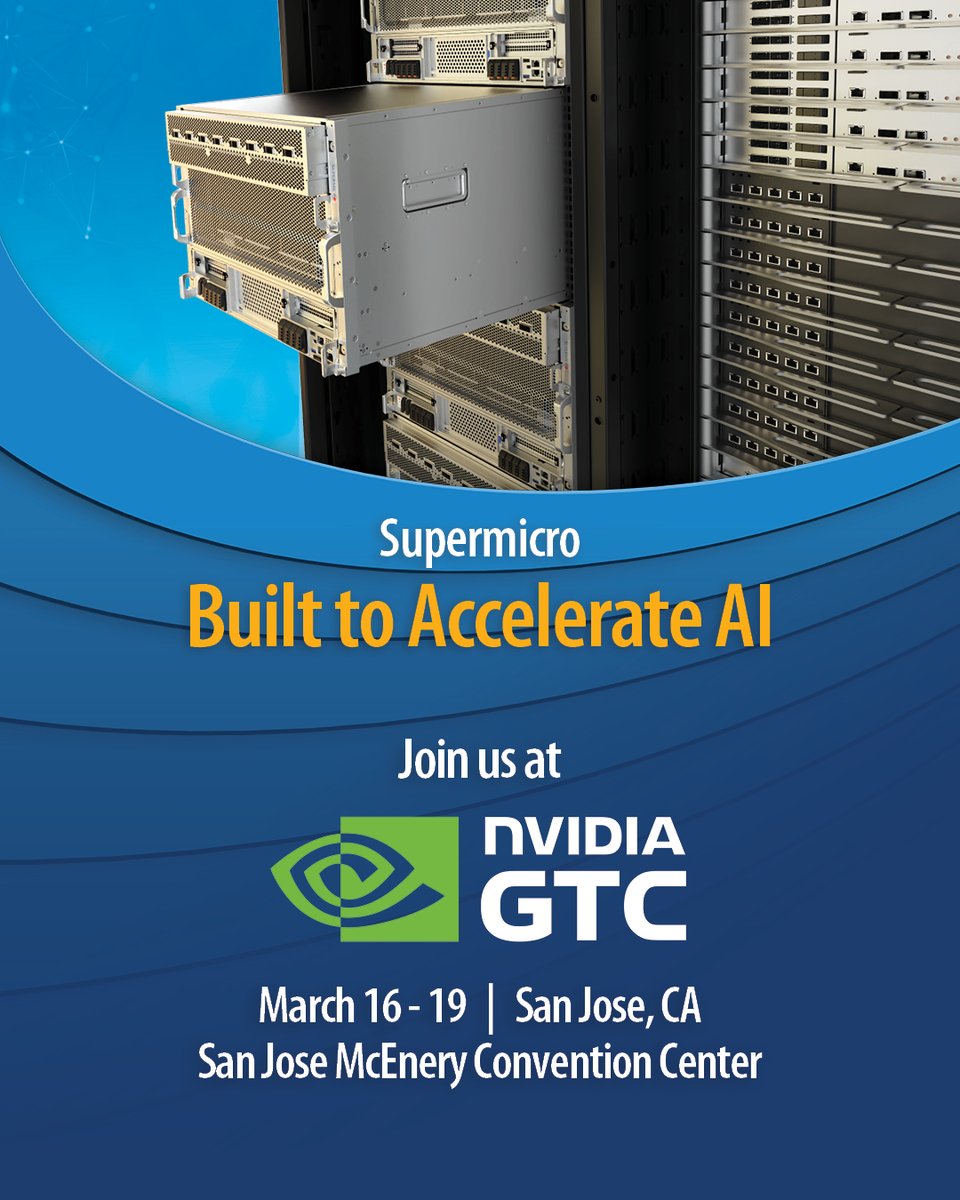 Supermicro's tweet photo. Accelerate your AI roadmap with production‑ready infrastructure.

Meet Supermicro at GTC 2026 and see how we deliver complete AI factory solutions built on NVIDIA’s latest architecture.