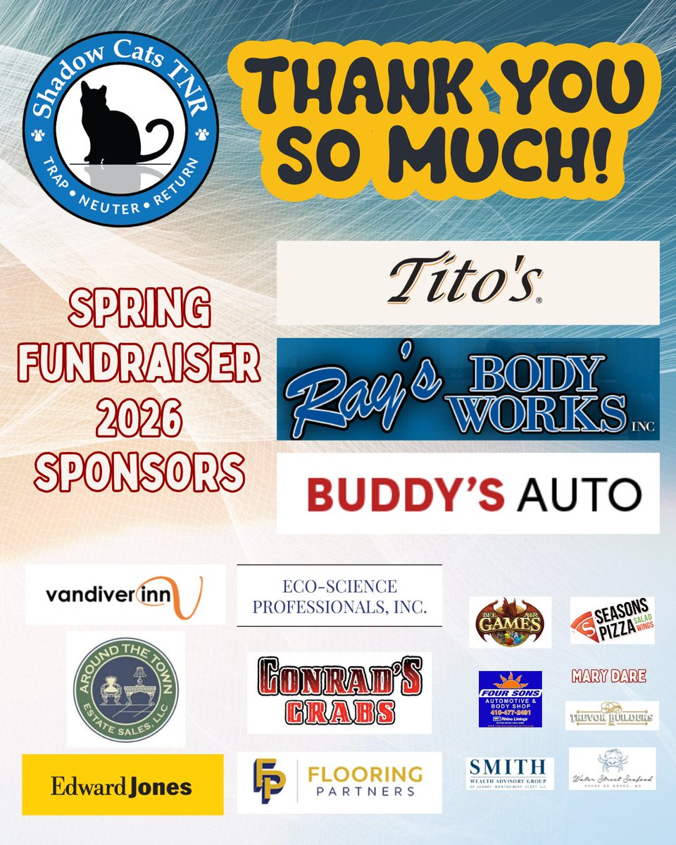 ShadowCatsTNR's tweet photo. We want thank our wonderful sponsors for supporting our Spring FUNdraiser 2026.  Your support really means a lot to us and the cats!

We'd also like to thank Stacey Splain (merchandise supporter) and Girls Scouts Brownie Troop #2334 for their work during the event.

THANK YOU!! https://t.co/MibHZZJE0w