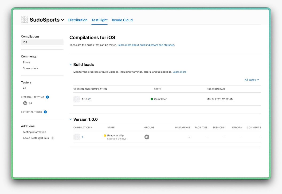 SudoSport's tweet photo. 🚀 First iOS build is live on TestFlight.

The first SudoSports mobile build has officially been compiled and uploaded.

We’re now one step closer to launch.
Testing phase begins. 🏀📊

#SudoSports #iOSDev #BuildInPublic #Startup https://t.co/IlLhPO744z