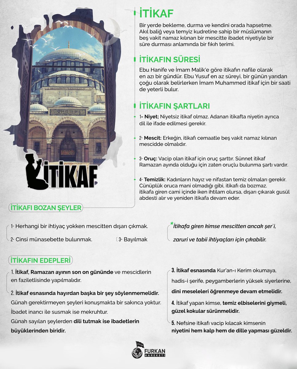 "Rasullullah, her Ramazan 10 gün itikafa girerdi. Vefat ettiği sene ise yirmi gün itikaf yaptı."
(Buhari)

Vakit itikafVakti
#RamazanRuhunuYaşat