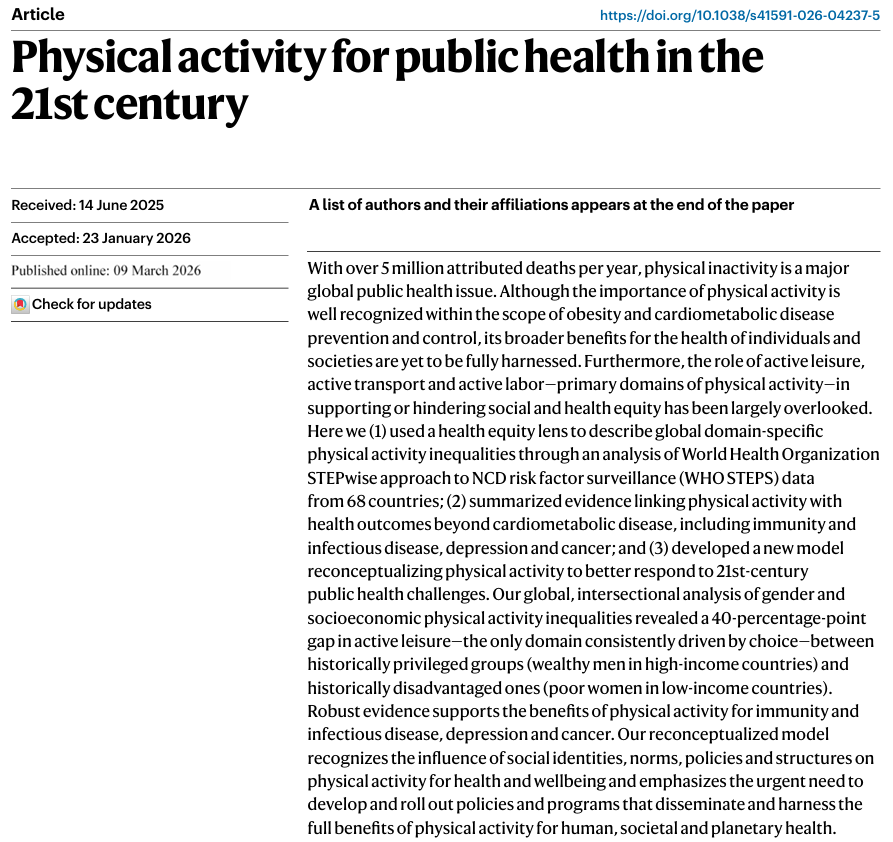 joseramosvivas's tweet photo. La INACTIVIDAD física mata a más de 5 millones de personas al año 🚨😱
Un nuevo estudio en Nature Medicine (publicado hoy) propone un cambio radical para el siglo XXI: la actividad física no es solo “ir al gym”, ¡es una cuestión de justicia social y equidad en salud! 🧵👇
1⃣ Brecha brutal de desigualdad: Hay una diferencia de 40 puntos porcentuales en el ocio activo (la única actividad que realmente elegimos) entre hombres ricos de países desarrollados y mujeres pobres de países en desarrollo. 🌍📉💔
2⃣ Mucho más que prevenir obesidad: Moverse fortalece la inmunidad (contra infecciones), reduce riesgo de cáncer, combate la depresión y protege el corazón… ¡beneficios enormes para todo el cuerpo y la mente! 🛡️🧠❤️Como vengo repitiendo estas semanas en sucesivos artículos publicados en las mejores revistas.
3⃣ Nuevo modelo. Debemos dejar de culpar solo al individuo. Debemos cambiar normas sociales, políticas y estructuras que impiden que TODOS puedan moverse de forma segura y digna🏛️✊🏃‍♀️🏃‍♂️
Es hora de que la actividad física deje de ser un lujo y se convierta en un derecho universal para la salud humana, social y hasta del planeta 🌱
¿Decidme qué partido político apuesta por el deporte para mejorar la salud de la población?

🔗 👉 https://t.co/M5lRkWNd8Q

#SaludPública #ActividadFísica #Ciencia #SaludMental #Equidad #NatureMedicine #Bienestar #Medicina #Ejercicio