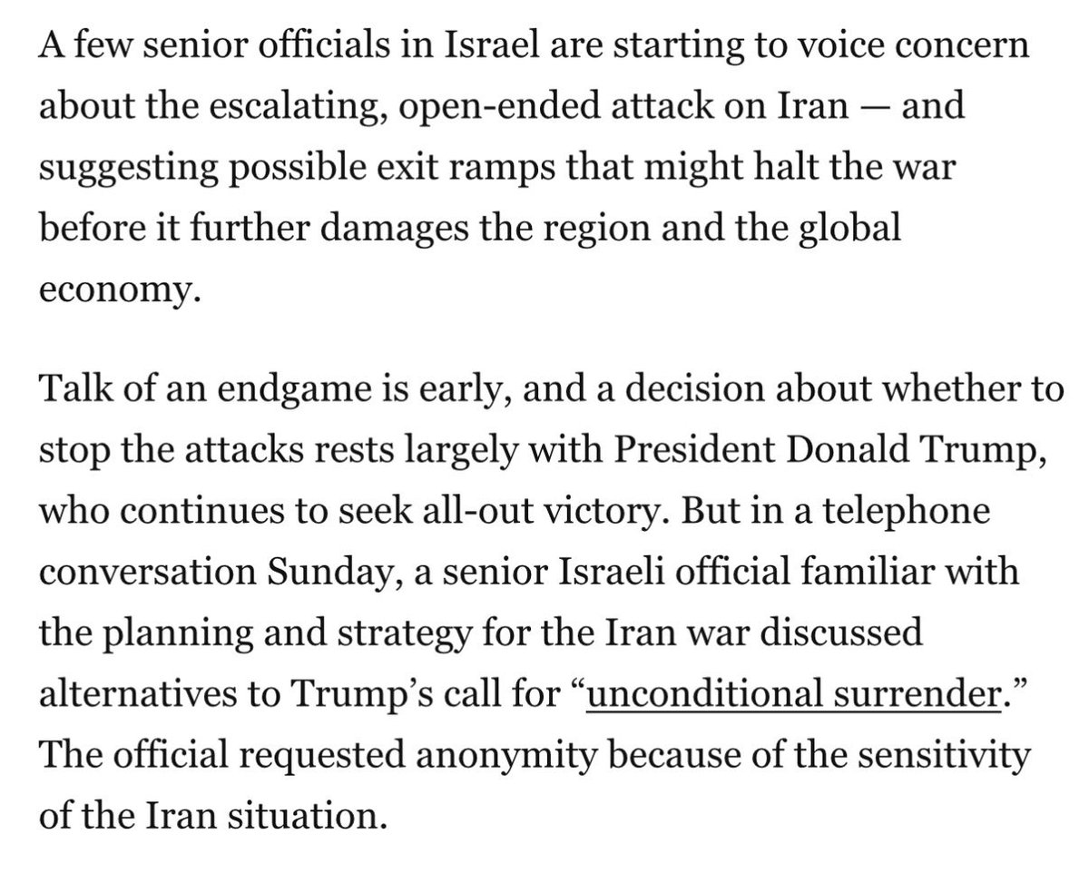 Israeli officials seem to be in a panic. They are leaking about off-ramps to the Washington Post. The Israelis had a “magic” conception of American power. Now that they see there are no magic beans they’re realising the status quo is just constant drone and missile strikes. 🇮🇱🇺🇸