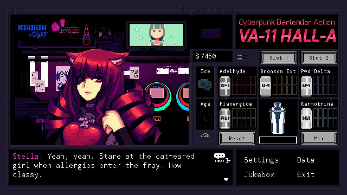 Wario64's tweet photo. VA-11 Hall-A: Cyberpunk Bartender Action is $10.04 on GOG https://t.co/nfyr6eD54G #ad https://t.co/bPWJb3PKis