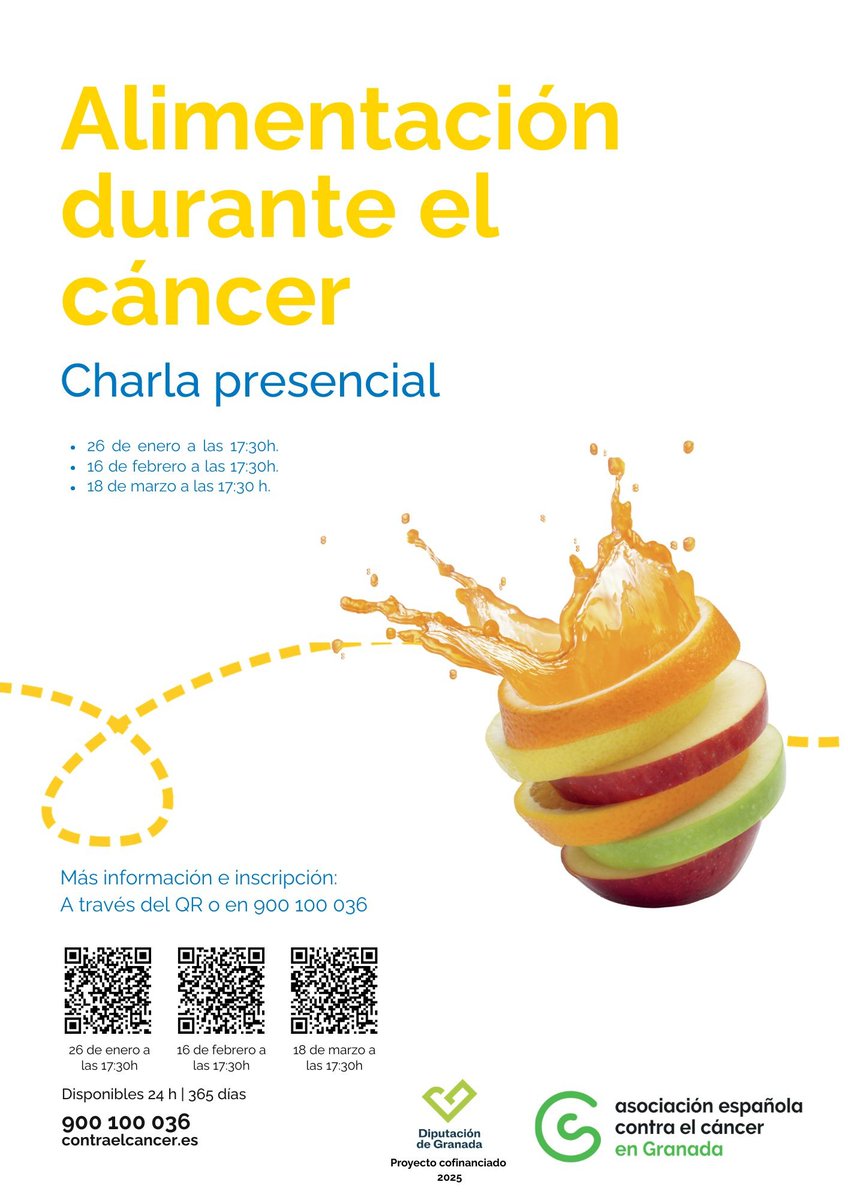 ContraCancerGRA's tweet photo. ¿Cómo puede la alimentación ayudar durante el cáncer?
📅 18 de marzo de 2026
 🕠 17:30 h
 📍 Sede AECC Granada (Camino de Ronda, 179) u online
🎟 Aforo limitado | Inscripción previa obligatoria
 Inscripciones: 16/02/26 – 13/03/26
Actividad cofinanciada por @diputaciondegranada. https://t.co/CbsCarBtKO