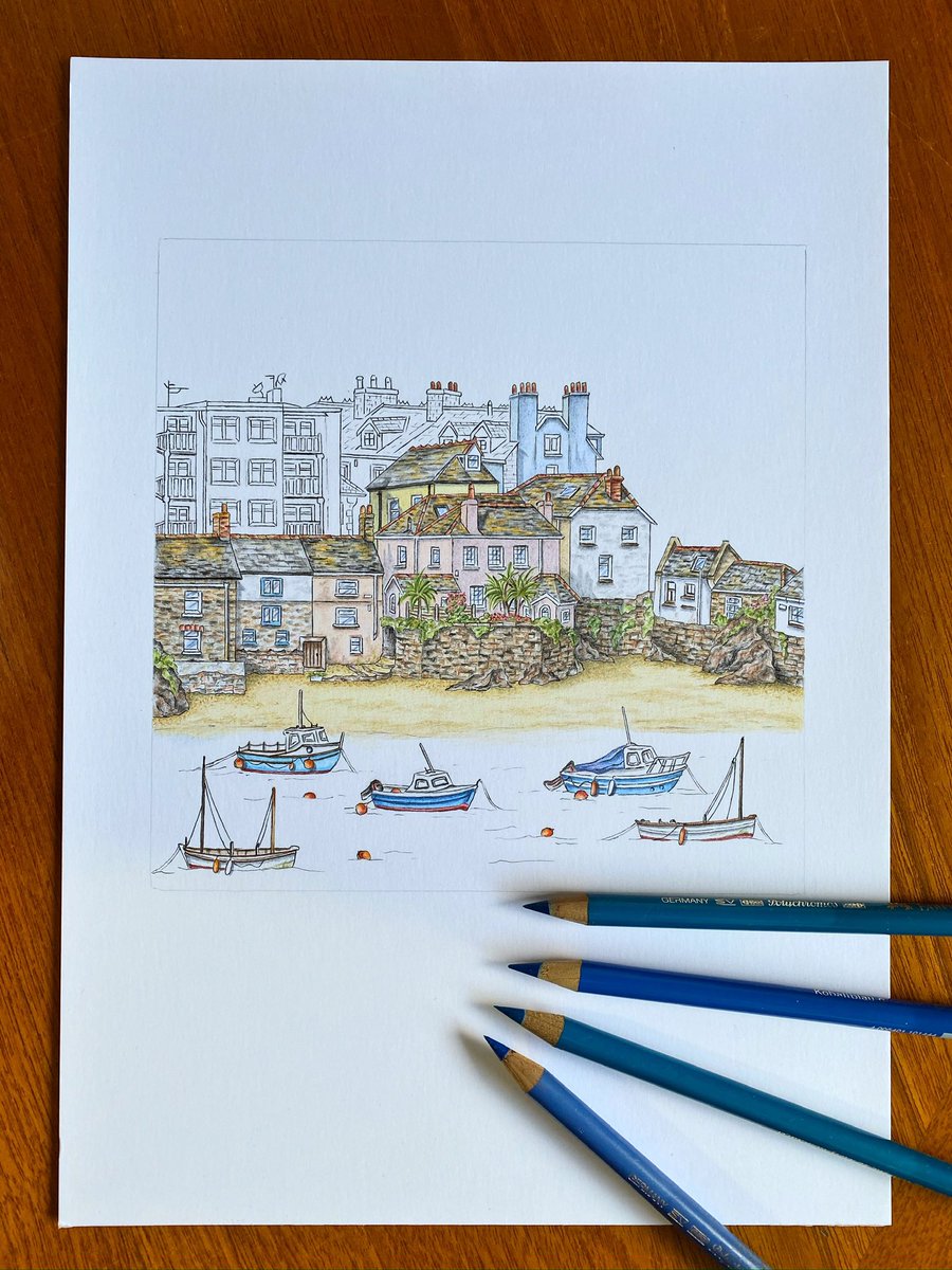 Halfway through a little illustration of St Ives Harbour, Cornwall ✏️