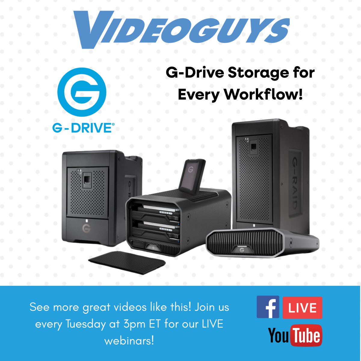 videoguys's tweet image. Every week we go live to show you what's new, what's worth it, and what's not, and on Tuesday at 3 PM EST, we're diving deep into the G-DRIVE product line. 

Can't make it? Be sure to check out all our shows on our Videoguys YouTube channel 

#WD #Storage #ProAV #Webinar