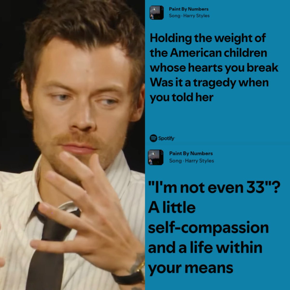 HSNewsItalia's tweet photo. 🎙️ #NEW | Harry spiega la frase ‘American Children whose hearts you break and then, I'm not even 33’, a little self-compassion and a life within your means.’ in Paint by Numbers: 

“È come se stessi ancora cercando di capire un sacco di cose, ed è giusto essere un po' indulgenti con se stessi quando si commettono degli errori. Tutti lo fanno, e credo che per molto tempo io abbia fatto fatica ad ammetterlo. Facevo fatica ad ammettere di aver sbagliato, perché il sistema di ricompensa che ottieni quando soddisfi le aspettative degli altri [L'immagine che hanno gli altri di lui] è così forte e luccicante. Sapete, diventa difficile distinguere quando questa è una cosa positiva e quando invece diventa poco salutare.”