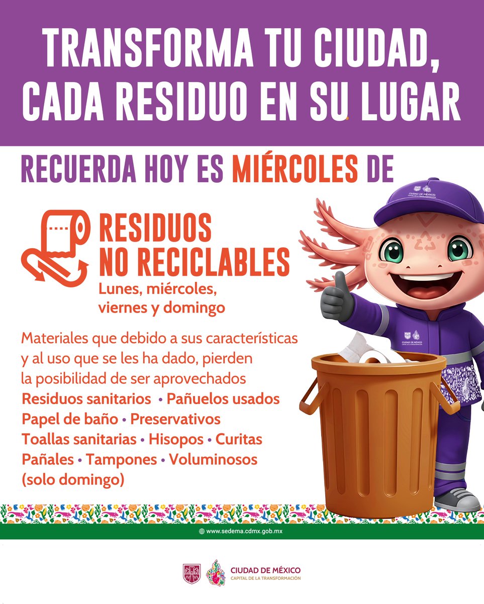 SEDEMA_CDMX's tweet photo. ¡Miércoles de residuos reciclables y no reciclables!

Entrega al personal de recolección residuos reciclables y no reciclables, separados correctamente según su tipo. https://t.co/xzz2Qs6lFm