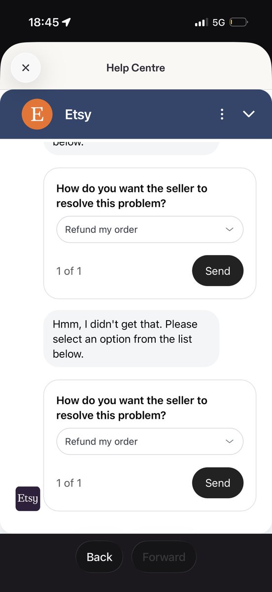 nadangergeo's tweet photo. @Etsy Hi! Only option is via the chat, that I can see, and as mentioned the bot is stuck in a prompt that I want to cancel (see screenshot). Can’t write anything. https://t.co/YfBPpf03rT