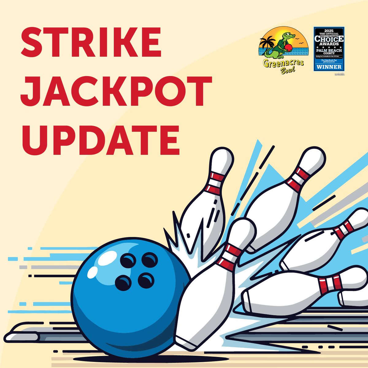 🎯 New Week -- New Jackpot! 🎉

⏰ Our Strike Jackpot changes weekly until 1 strike per game is needed or we have a winner, so don’t miss out! (In-center league competition only, no pre- or post-bowls). Good luck, bowlers! 🎳

👉 Tap in now at gatorbowling.com/strikejackpot.…