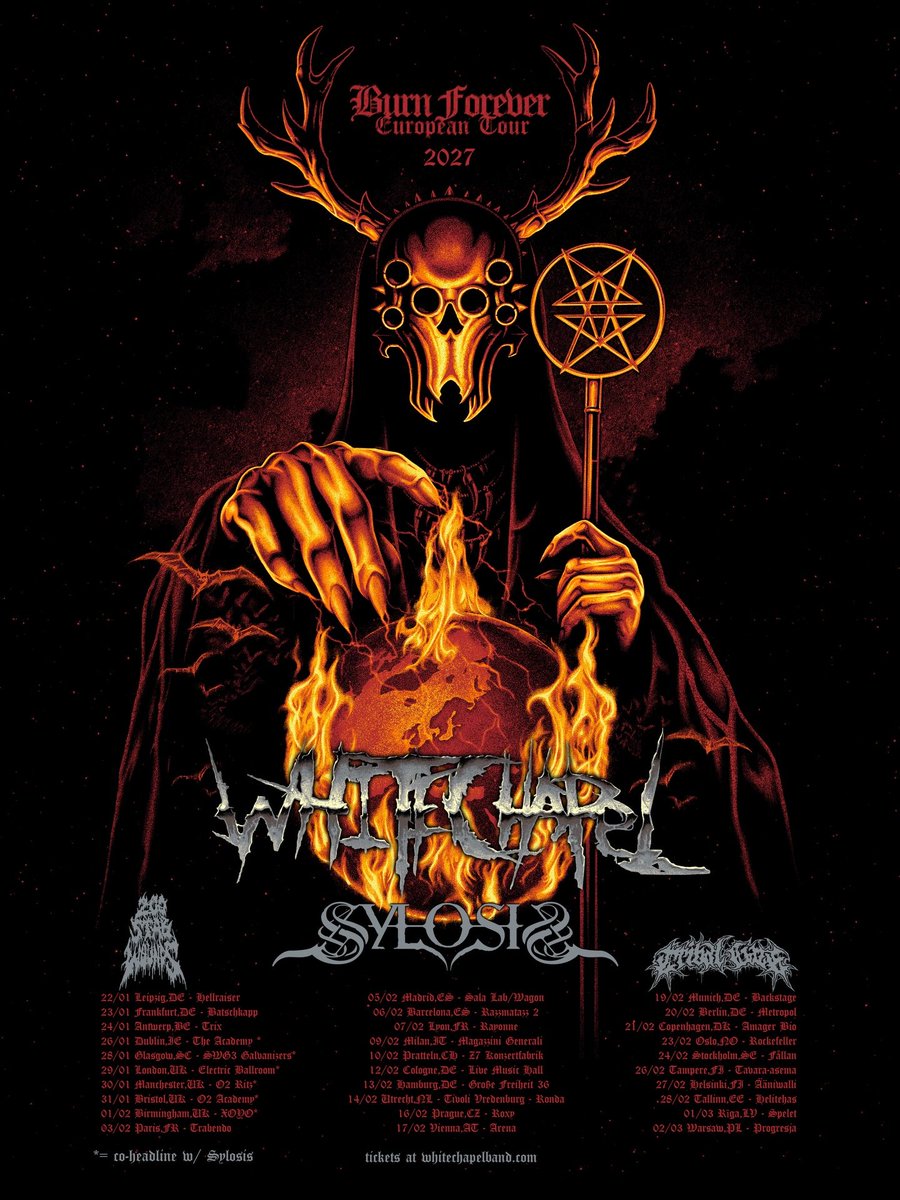 rockfreaksnet's tweet photo. JUST IN: @WhitechapelBand will return to Denmark for a show at #AmagerBio in Copenhagen in February 2027, with @Sylosis, @200StabWounds & #TribalGaze set to provide support. For more details, see this post: https://t.co/F28DCeBtLN https://t.co/MQy8cFGigH