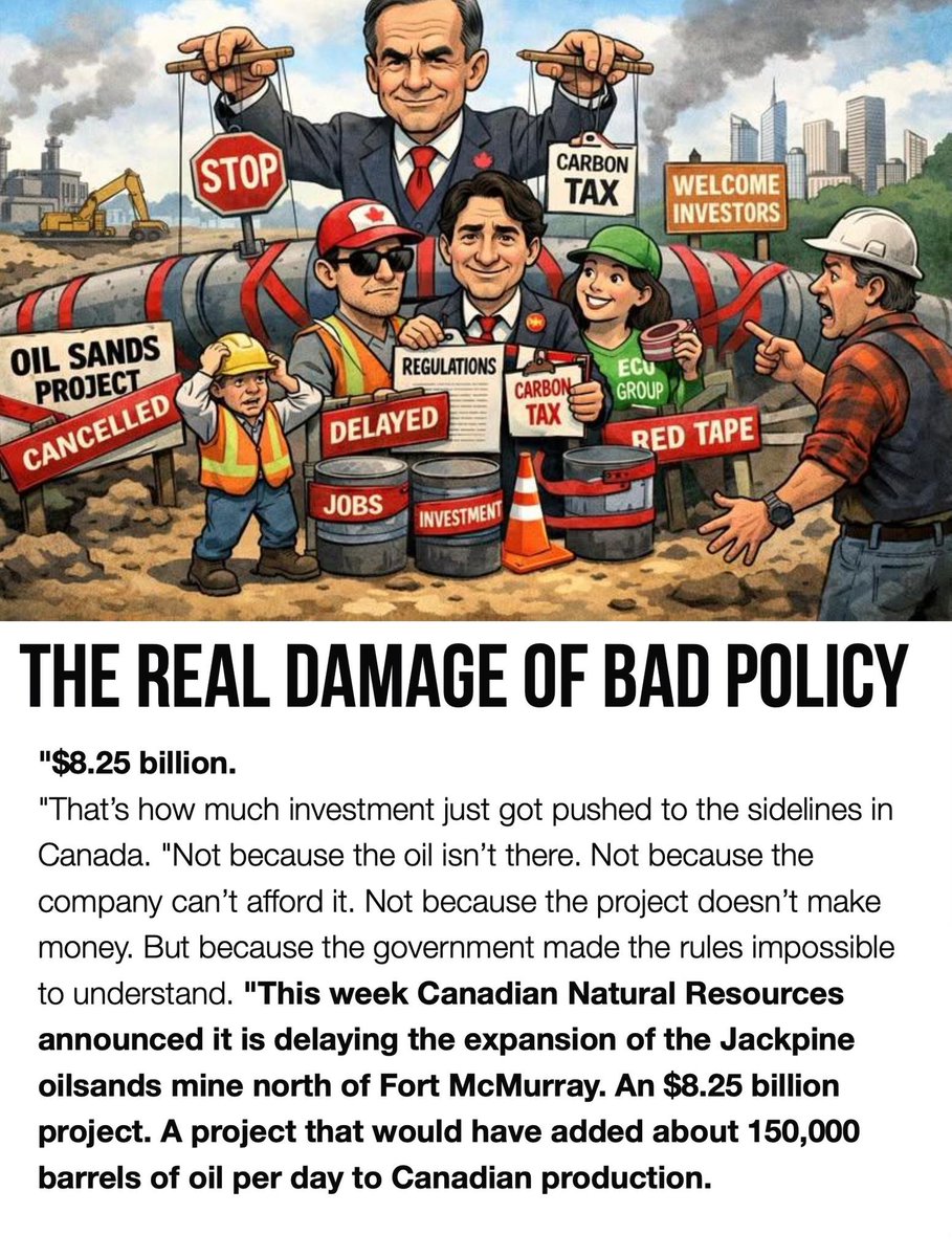 ⚠️A Canadian energy company had $8.25 billion ready to invest. Now the project is paused and $310 million in spending is delayed this year alone.

The reason? 
👉Government policy uncertainty. 
👉Carbon pricing changes. 
👉Methane regulations. 
👉Pipeline approvals tied to