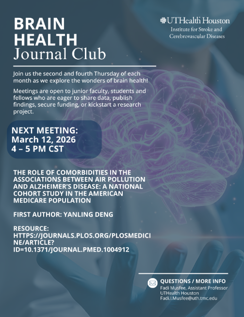 UTHealthStroke's tweet photo. 🧠 Join our Brain Health Journal Club!
📅 Thursday- March 12, 2026
⏰ 4–5 PM CST
Join as we will discuss the article published in PLOS by First Author: Yanling Deng
🔗 https://t.co/B56yV7iiTM
💻Virtual: https://t.co/7dvnbhN52o
#UTHealth #Strokeresearch https://t.co/4lH7rw1FXV