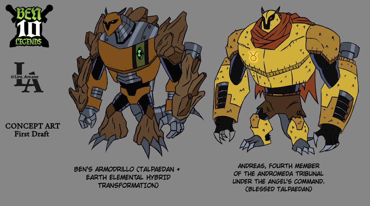 Comparation between Armodrillo and Andreas in the AU. 
Ben's form is one of his strongest, while Andreas works as a miner in his sector of the Andromeda Galaxy, which distributes the most important minerals across the universe.
 #arcanematrix #ben10au #ben10legends #ReviveBen10