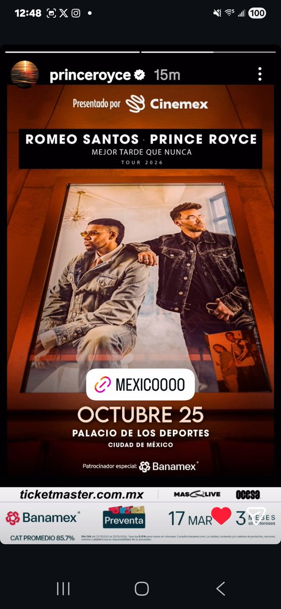 <a href="/PrinceRoyce/">Prince Royce</a> &amp; <a href="/RomeoSantosPage/">Romeo Santos</a> #Mexico #bltn #concert #tour #bachata ticketmaster.com.mx/event/1400644A…