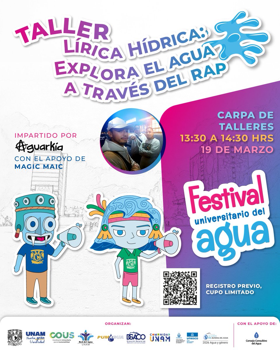 PUMAGUA's tweet image. Asiste al #Taller "Lírica Hídrica, explora el agua a través del rap", impartido por Aguarkia.
Trabajaremos en equipos de 5 personas y se podrían llevar grandes sorpresas.💧💙

📆 19 de marzo, 13:30hrs.
📌 Las Islas, #CU
✍ Regístrate en: bit.ly/LíricaHídrica
*CUPO LIMITADO*