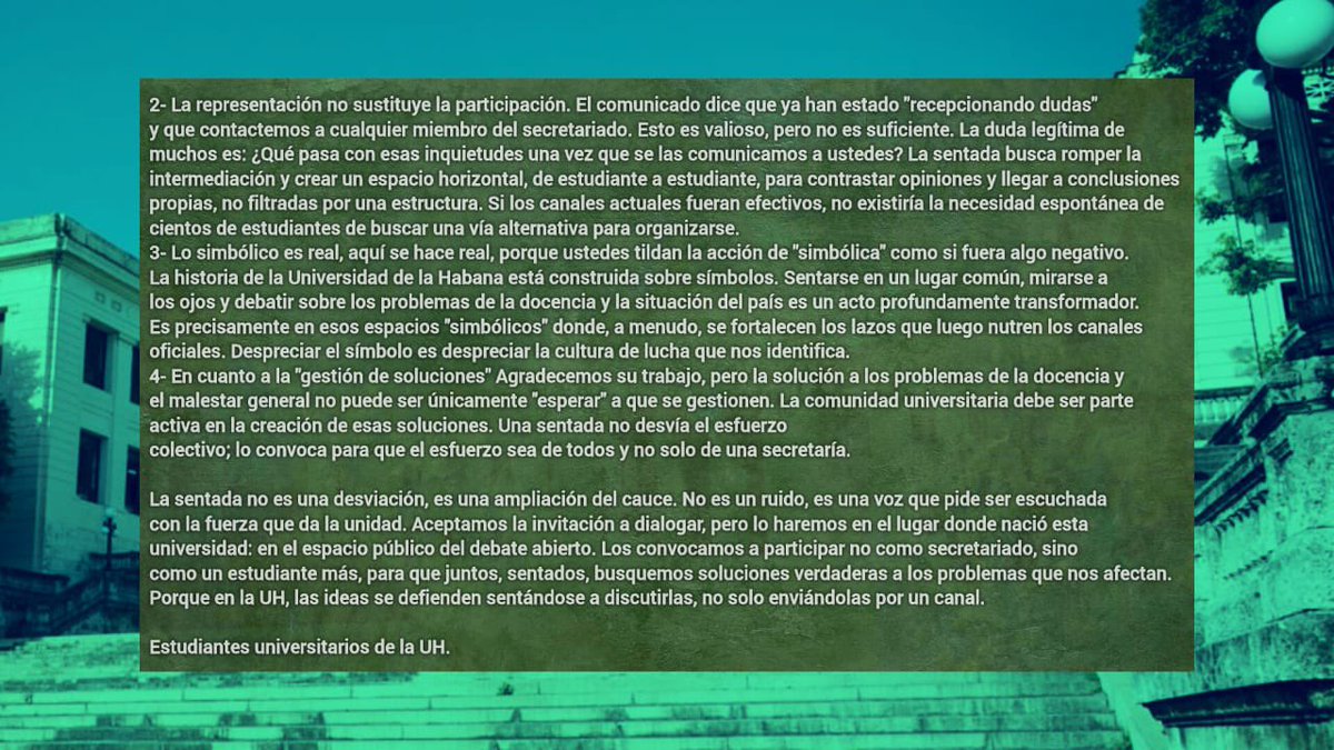 ⚠️⚠️Protesta Universitaria en La Habana.

Los estudiantes habían contestado al secretariado de la FEU luego que este desestimara la sentada como medida de presión.

Aquí el comunicado.