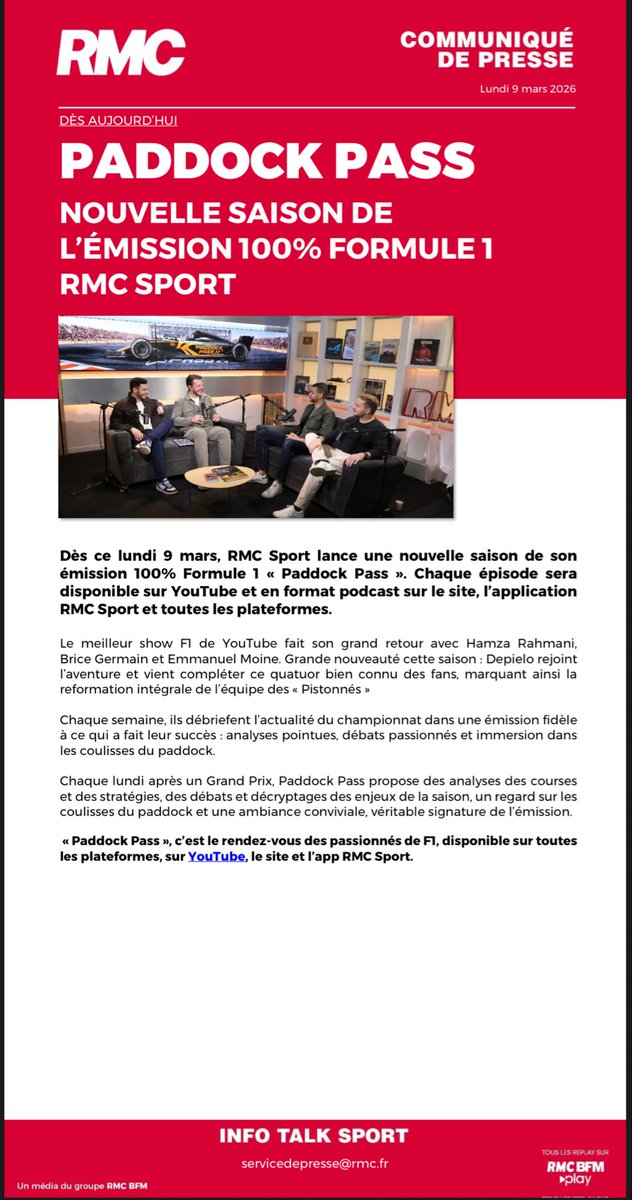 🚨ANNONCE🚨

Super heureux de vous annoncer qu’on continue l’aventure PADDOCK PASS en 2026 sur <a href="/RMCsport/">RMC Sport</a> avec <a href="/hmzrhmn/">Hamza Rahmani</a>,  <a href="/BriceGERMAIN/">Brice Germain</a> mais aussi le retour de Depielo ‼️

🏎️ Un débrief le lundi après chaque GP 
▶️ YouTube <a href="/RMCsport/">RMC Sport</a> 
🎧 Disponible en podcast 

#f1 #ausgp