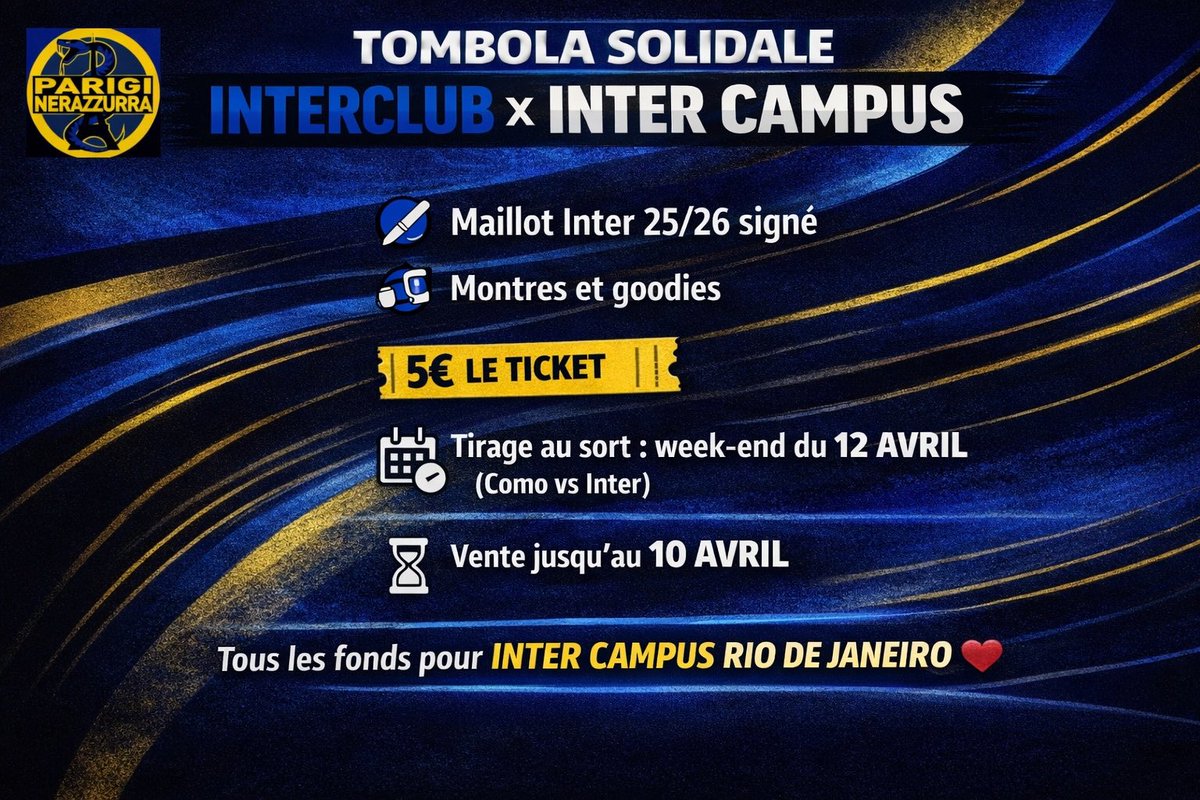InterClubParis's tweet photo. ⚫🔵 La tombola solidaire Inter Club Parigi Nerazzurra x Inter Campus est de retour !
Tous les fonds pour Inter Campus Rio de Janeiro ❤️
⬆️ Participez via le lien https://t.co/XCycjGL5rJ ou achetez les billets directement au bar lors des matchs!
#InterClub #InterCampus https://t.co/2Rk9GXiR8Z