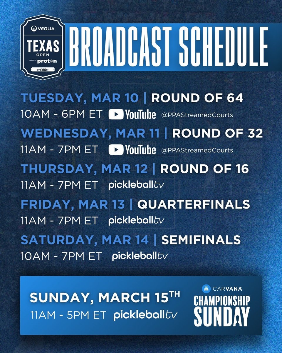 Broadcast Schedule 🎥 for the 2026 Veolia Texas Open Open 🏆 presented by Proton 🤝

🗓️ March 10th-15th
⏰ 11am ET
📺 <a href="/Pickleballtv/">Pickleballtv</a> 
🏟️ <a href="/CourtsMcKinney/">Courts McKinney</a>