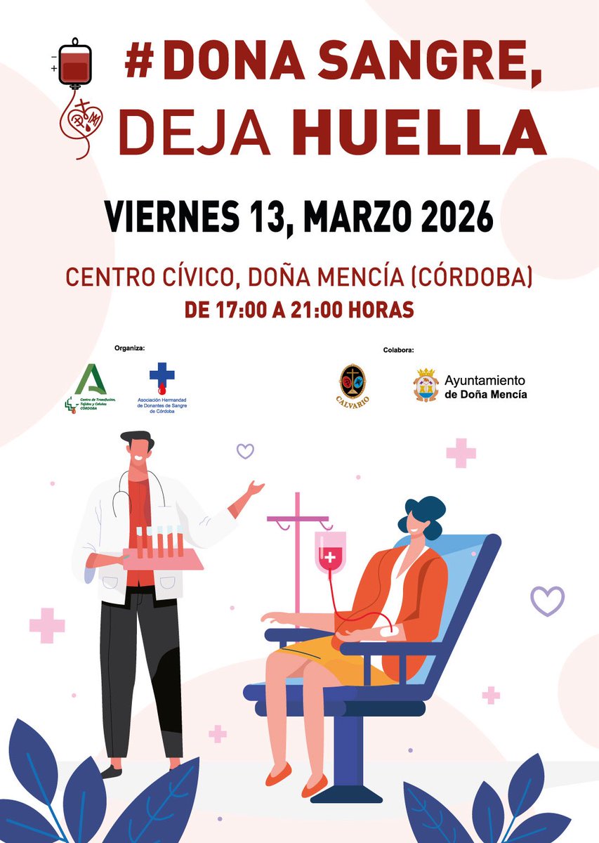 𝐃𝐎𝐍𝐀 𝐒𝐀𝐍𝐆𝐑𝐄, 𝐃𝐄𝐉𝐀 𝐇𝐔𝐄𝐋𝐋𝐀 |

El próximo viernes 13 de marzo tendremos la primera colecta del año para donar sangre. 

Será de 17:00 a 21:00 h. en el Centro Cívico.

Recuerda que con una donación se pueden salvar 3 vidas.

¡Anímate! #DonarSangreSalvaVidas