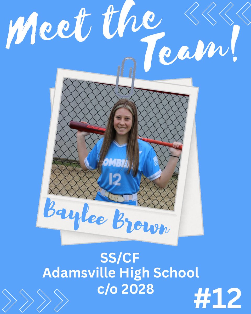 Welcome back 2028 SS/CF Baylee Brown. This kid brings speed and exceptional defense. We are so excited to have her back this summer season after her season closes with Adamsville High School. We will see you in May Baylee!