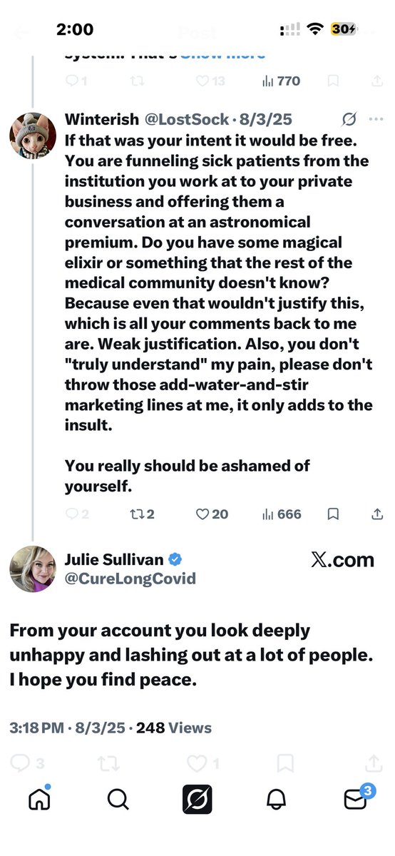 unbeheld_'s tweet photo. @CureLongCovid @zpisces2 @PutrinoLab Is this you? Smearing a homebound LC patient as “deeply unhappy” and “lashing out”, when asked why you were selling what you have an ethical (legal?) responsibility to share for free in your official capacity as program manager of the Covid Recovery Center at @BrighamWomens? https://t.co/MXXZqsf9wk