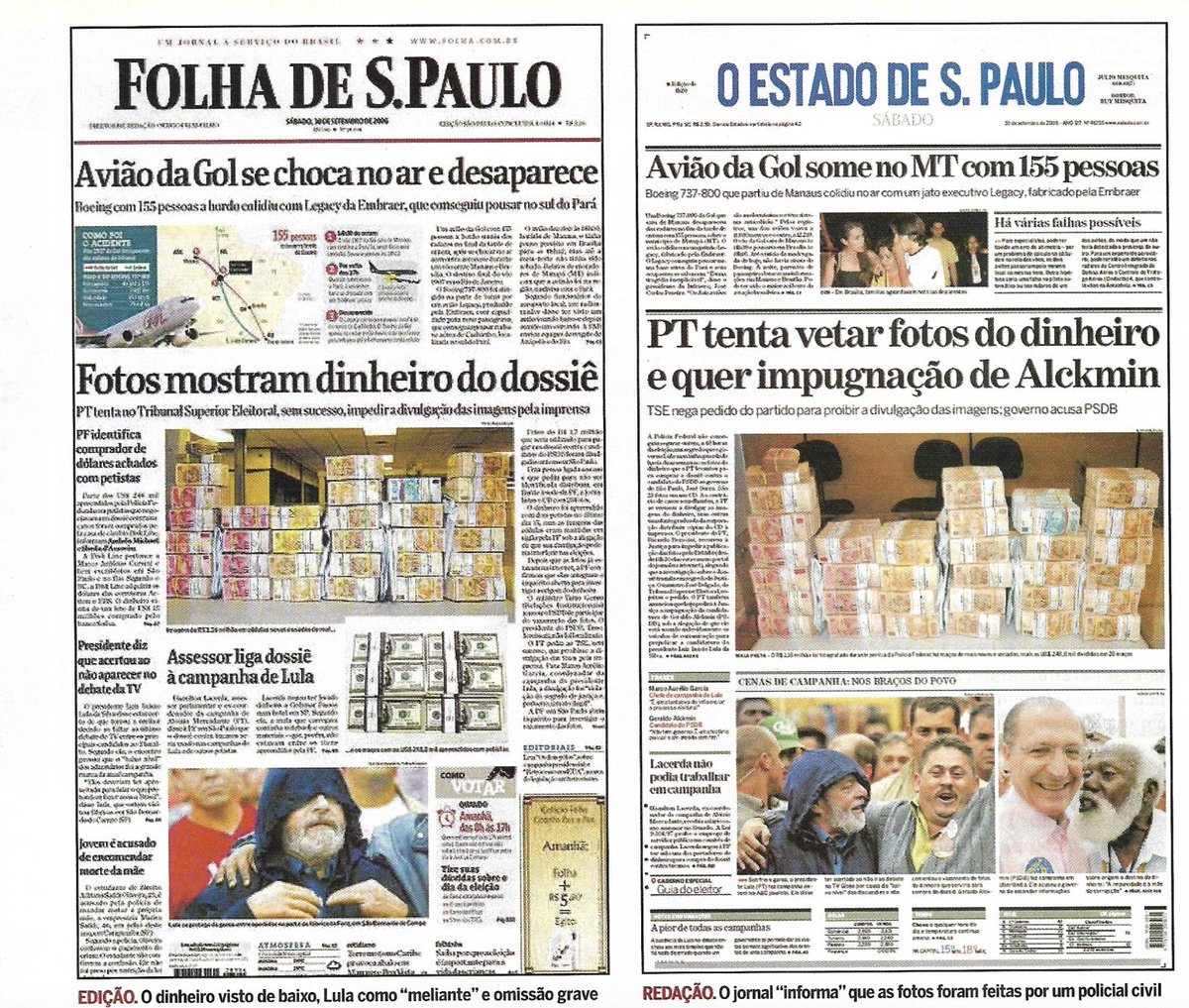 Estas são as capas dos jornalões de SP na véspera do primeiro turno de 2006. Parede de dinheiro. Lula de capuz, como um trombadinha. Um senhor negro beijando o Alckmin. "Assessor liga dossiê à campanha de Lula" -- quando na verdade foi a campanha estadual de Mercadante que