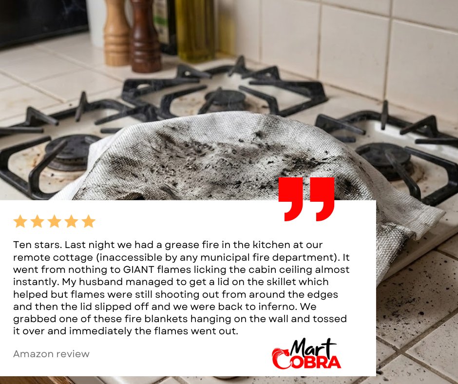 One of our customers recently faced this exact nightmare. When a pan lid failed to stop the roaring flames, they grabbed their Mart Cobra Fire Blanket. The result? Fire out. Instantly. 

When you can't rely on 911, rely on preparation. Proud to keep this family safe!