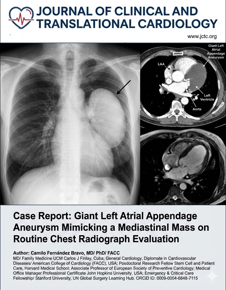 JournalClinTran's tweet photo. A routine chest X-ray revealed what appeared to be a mediastinal mass—but MMI uncovered a rare diagnosis: a giant left atrial appendage aneurysm. This case highlights the importance of considering the role of echo + cardiac CT in diagnosis. #Cardiology #CardiacImaging 🫀📷 https://t.co/p22LbQcQqA