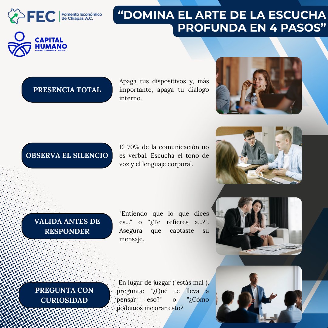 CapitalHFEC's tweet photo. Escuchar es más que solo oír. 👂✨

Para colaborar de verdad, necesitamos Escucha Profunda. Sigue estos 4 pasos para transformar tus conversaciones y conectar con tu equipo a un nivel real.
La colaboración empieza cuando el ego se apaga. 🤝
#Comunicación #Liderazgo #SoftSkills https://t.co/x0EdPf2xp2