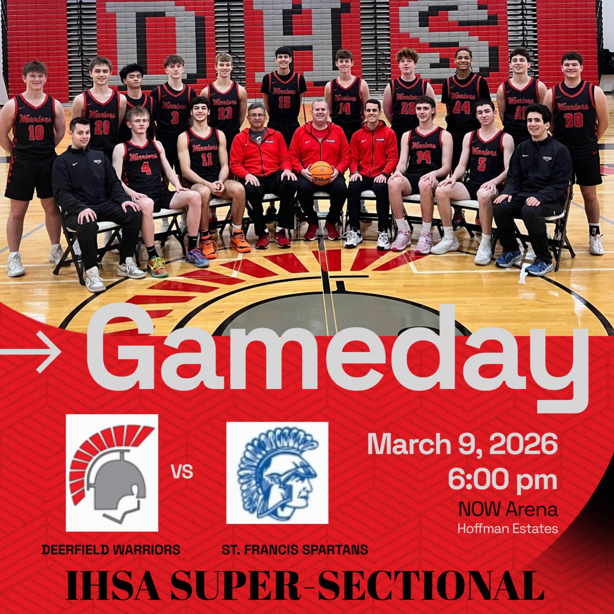 DHS__Athletics's tweet image. Deerfield vs. Wheaton St. Francis 
Monday, March 9 | 6:00 PM 
NOW Arena, Hoffman Estates No pass list. 
All fans need a ticket. 
NOW Arena is cashless. 
Get tickets now: ticketmaster.com/ihsa-3a4a-boys… 
Stream: nfhsnetwork.com/events/ihsa/ga… 
Let’s pack NOW Arena! 
#WarriorNation #REDOUT