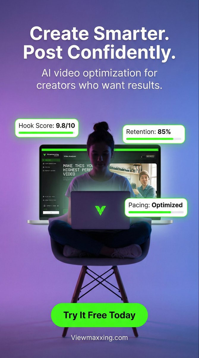viewmaxxing's tweet photo. Stop guessing what will go viral.

With Viewmaxxing, you can analyze your videos before you post — so you know your hook hits, your pacing flows, and your retention stays high.

🎯 Hook Score 📈 Retention Insights ⚡ Optimized Pacing

Create smarter. Post confidently.
Try it free 👉 https://t.co/E5qbtJelBi