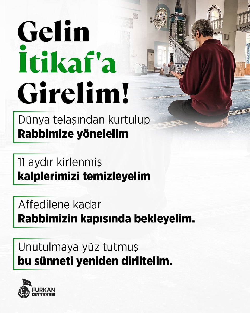 11 ay boyunca kirlenen kalpleri pürü pak yapmanın vakti...
Vakit itikafVakti
#RamazanRuhunuYaşat