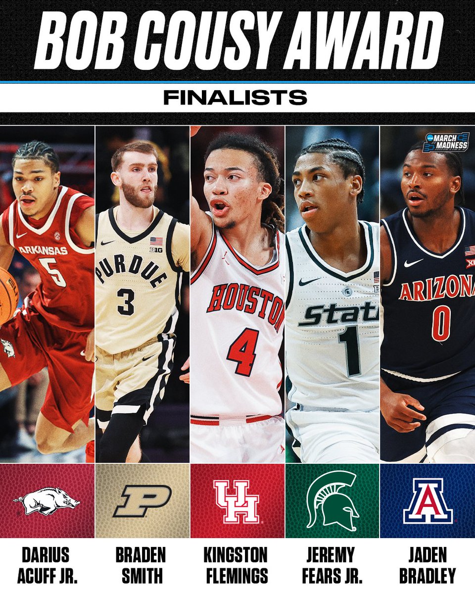 MarchMadnessMBB's tweet image. #CousyAward finalists 🙌

🏀 Darius Acuff Jr.
🏀 Braden Smith
🏀 Kingston Flemings
🏀 Jeremy Fears Jr.
🏀 Jaden Bradley
