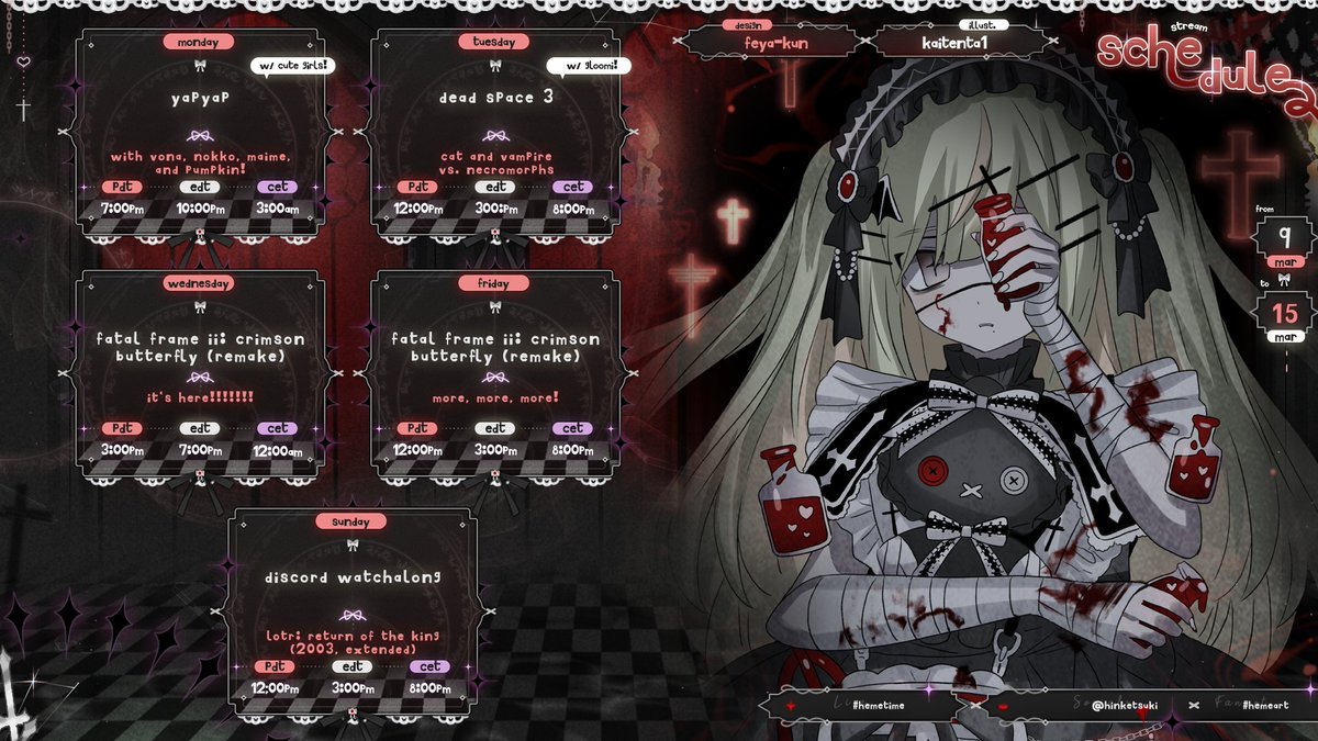 Hinketsuki's tweet photo. ꒷꒦⛧˖° March 9 - March 15 ⋆｡𖦹꒷꒦ 🩸

🗓️ #heMeTime
It's Fatal Frame 2 remake week! 🦋
We'll be starting out the week with a few collabs! 
Yapyap with @PumpkinSynth, @MaimeMeow, @vonakyu, and @NokkoVT on Monday 🪄
On Tuesday @gloomi_x and I will be continuing Dead Space 3 👽 https://t.co/hZcJ00IhsQ