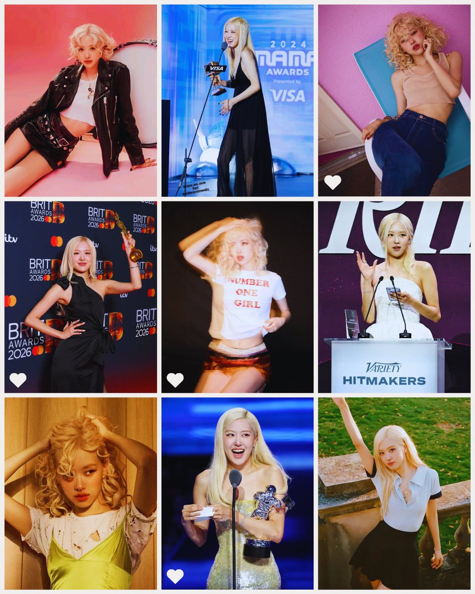 Awards won by Rosé during the “Rosie” era:

🏆 Multiple Guinness World Records
🏆 Global Hitmaker of the Year — Variety
🏆 Int SOTY — Brit Awards
🏆 Global Single — IFPI
🏆 SOTY — AAA
🏆 SOTY — VMAs
🏆 SOTY — MAMA
🏆 Best Female Artist — MAMA
🏆 Best Collab — MAMA
🏆 Best Solo