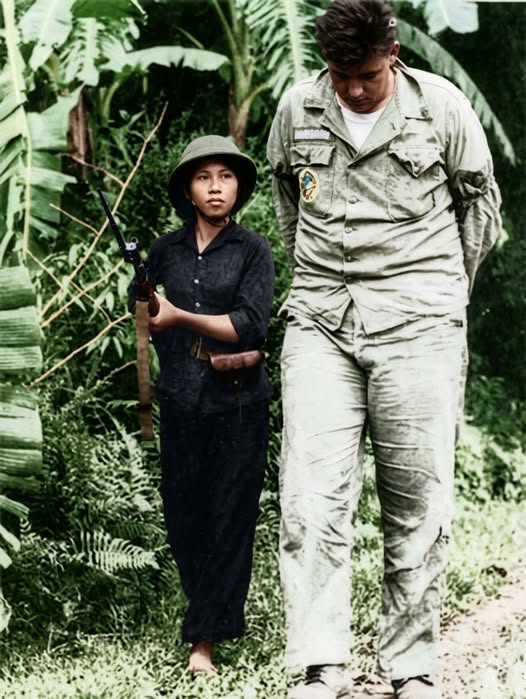 17 yaş,yaklaşık 1.50 m.boy ve 37 kilo Nguyen Thi Kim Lai, 1.90'lık A.B.D.savaş pilotu Andrew Robinson'u esir alıyor.(Foto.Phan Thoan)Dünyaya efelenen turuncu suratla,NATO'su,işbirlikçileri ve beslemelerine tarihten ders.Savaş,yürekle kazanılır! "Bir,iki,üç;daha fazla Vietnam!"