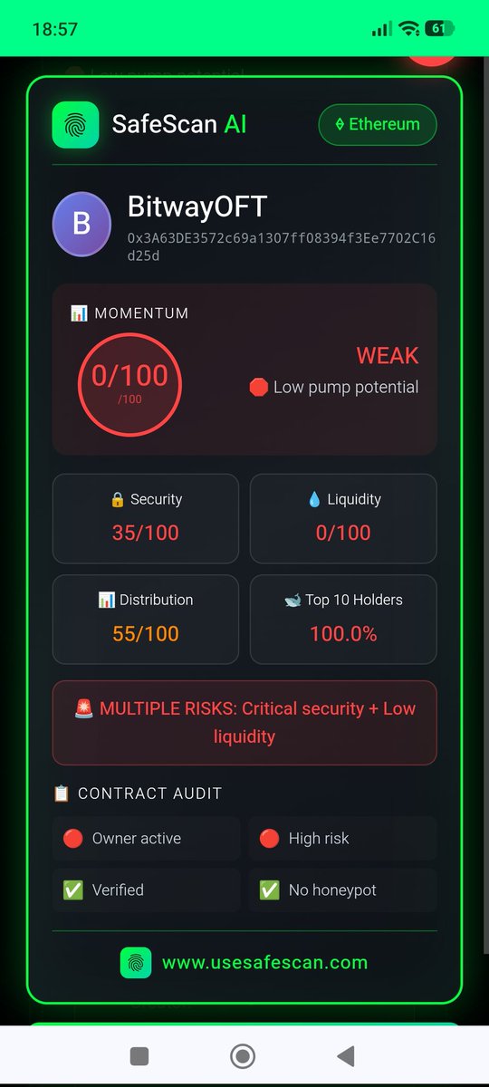 AiSafescanAI's tweet photo. 🛡️ SafeScan AI Alert: Bitway ($BTW) Deep Dive
​Don't let the FOMO blind you! While Bitway is pumping over 200%, our AI has detected some serious red flags across different chains. 🚩
​1️⃣ The ETH Trap (Ethereum)
​If you're looking at the Ethereum contract, STOP.
​SafeScan Score: 0/100 (Critical Risk)
​Reality Check: ZERO liquidity. This is likely a ghost contract or a fake clone trying to hijack the hype.
​2️⃣ The BNB/BSC Reality (Binance Smart Chain)
​Even on the "real" chain with liquidity, the contract is highly manipulated:
​Holder Concentration: Top 10 wallets own 98.8% of the supply. One sell-off could crash everything.
​Control: The owner can PAUSE trading at any time. You might be able to buy, but you might not be able to sell.
​Momentum: 24/100 (Weak potential).
​💡 The Lesson:
​A green chart doesn't always mean a safe investment. SafeScan AI looks under the hood so you don't have to.
​Scan before you swap:
👉 https://t.co/uSo7liI3ZA
#Solana #BSC #Ethereum #Bitway #BTW #CryptoSafety #RugPull