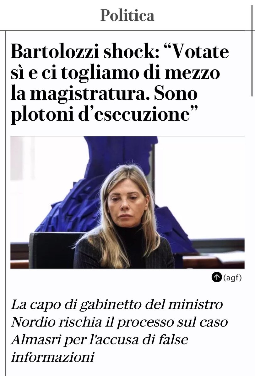 Quando la capo gabinetto di Nordio arriva a dire che con il SI  si toglie di mezzo la magistratura, siamo oltre ogni limite.
Chi ha un incarico delicato e si esprime in questo modo, dovrebbe immediatamente dimettersi. Se non lo fa, dovrebbe essere Nordio a cacciarla seduta stante