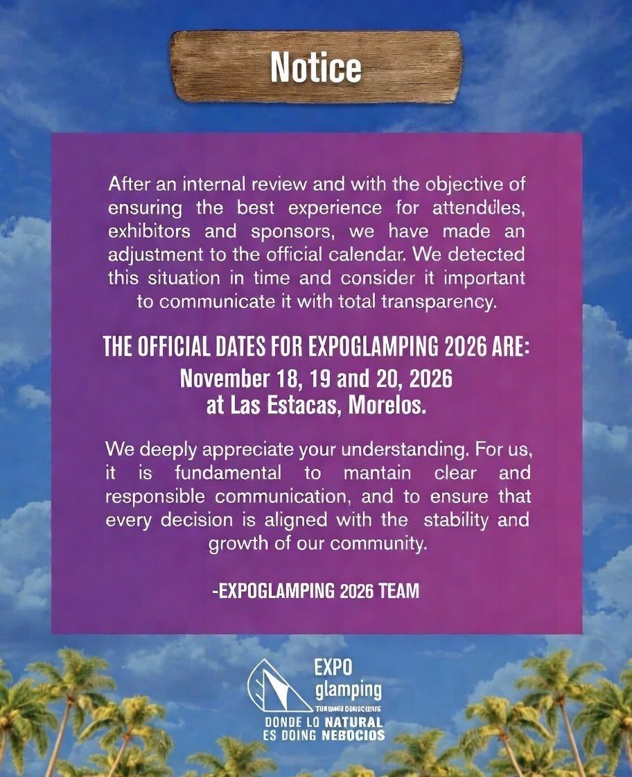ExclusiveTents's tweet photo. Hey guys, just wanted to update you on the Expo Glamping Show in Mexico 🇲🇽. The dates have changed to later this year. Here is an updated flyer on those dates in both English and Spanish: https://t.co/TUitYBEifG
