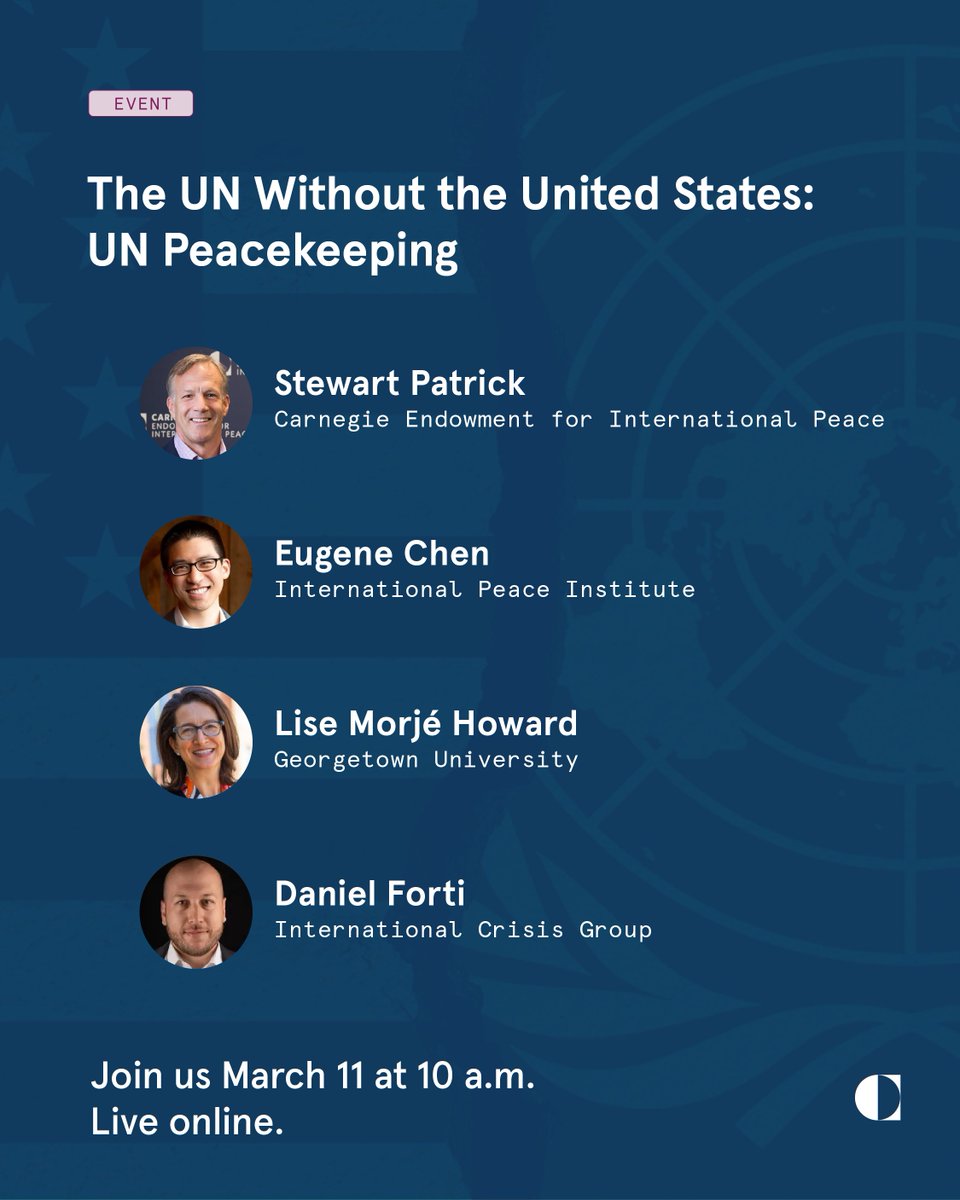 CarnegieEndow's tweet photo. Facing funding dilemmas, shifting geopolitical support, and sometimes unrealistic mandates, UN peacekeeping faces an existential crisis. What does the future of peacekeeping look like?

@StewartMPatrick hosts @telegramwriter, @HowardLise, and @FortiD to discuss.

RSVP: https://t.co/cmDOhBG8oT