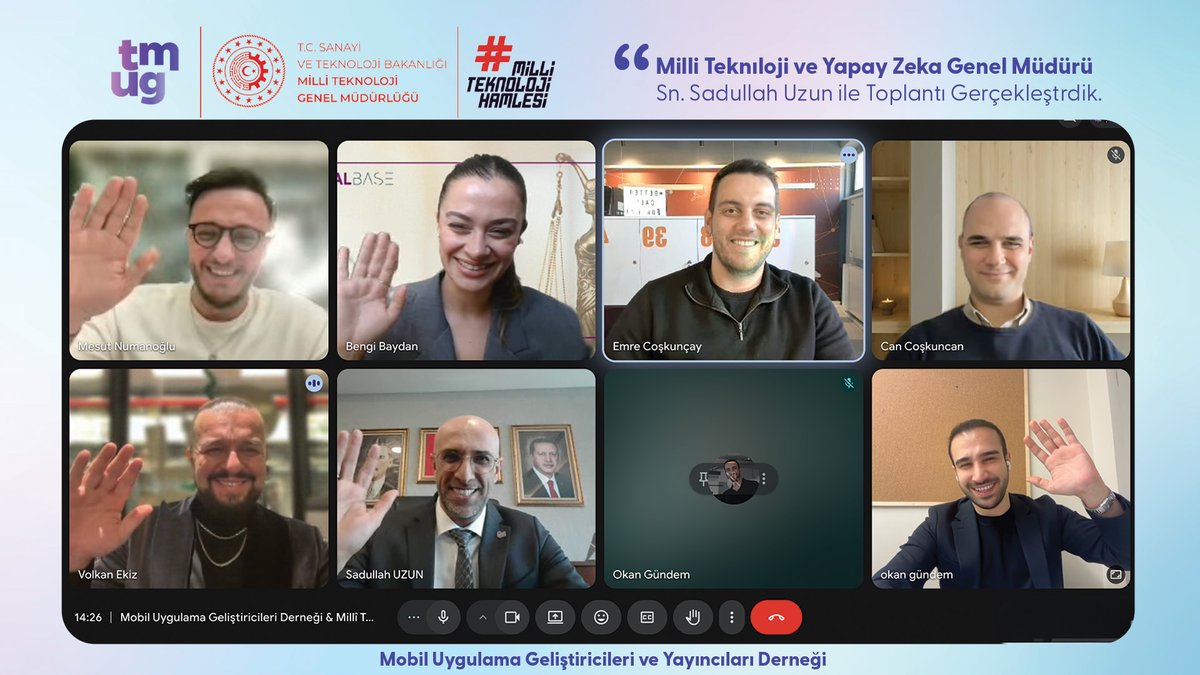 tmug_club's tweet photo. TMUG olarak Milli Teknoloji &amp; Yapay Zeka GM Sayın Sadullah Uzun ile online toplantı yaptık. Türkiye mobil ekosistemini, yerli geliştiricilerin sorunlarını ve global platformlarla ilişkileri değerlendirdik. Katkıları için teşekkürler! 🚀 #TMUG #MobilAPP https://t.co/MKj4FC8z4U