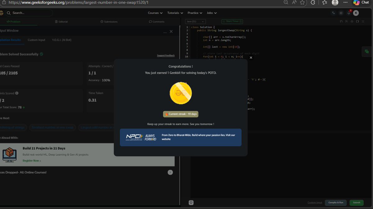 krishnkumar989's tweet photo. Day 19 of #GeekStreak60 ✅

Solved today’s POTD on GeeksforGeeks as part of the 60-day challenge powered by NPCI.

19 days of consistency.
One step away from the 20-day milestone. 🚀
#npci #dsa #problemsoftheday #codingjourney #consistency

@geeksforgeeks @NPCI_NPCI https://t.co/DgVSsTNPoN