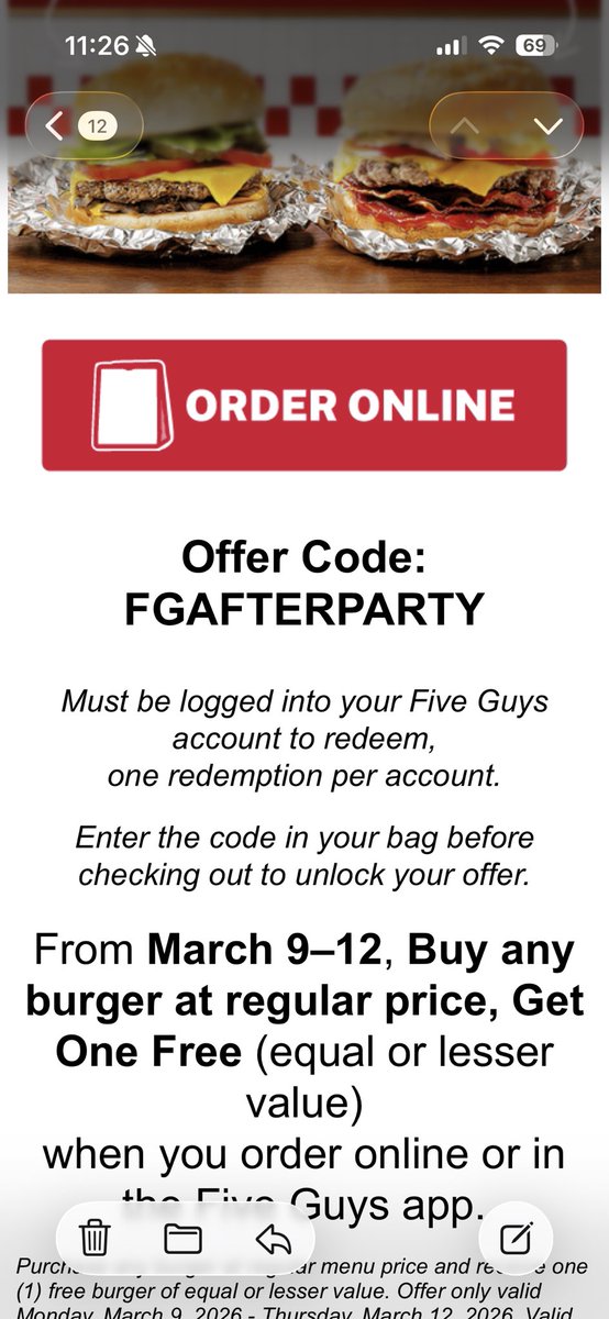 TalkThat_ish's tweet photo. Five guys burger BOGO https://t.co/a9JPlew4Yd