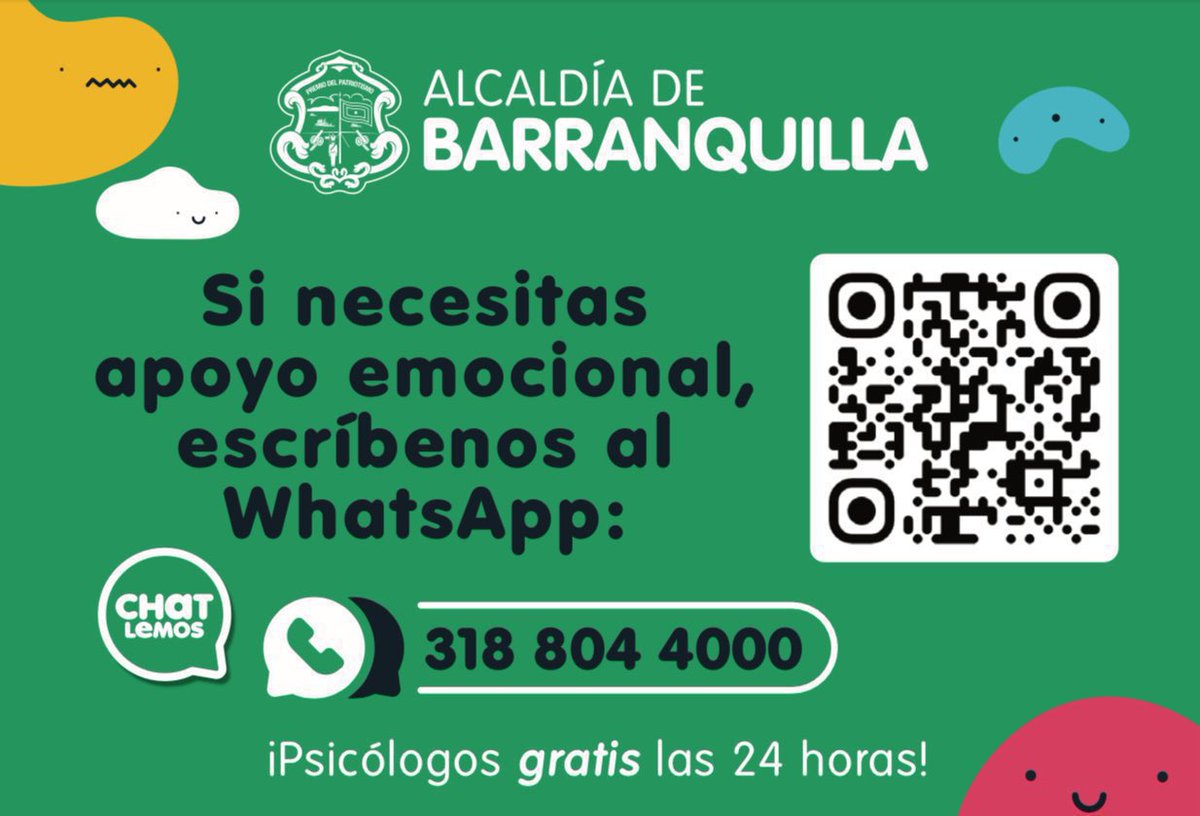 alcaldiabquilla's tweet photo. ¡Tu salud mental es importante para nosotros!

En Barranquilla, #CHATLemos te brinda apoyo psicológico gratuito, confidencial y disponible 24/7 para acompañarte cuando más lo necesites.

Escríbenos por WhatsApp al 3188044000. https://t.co/uPyYvTRYK6