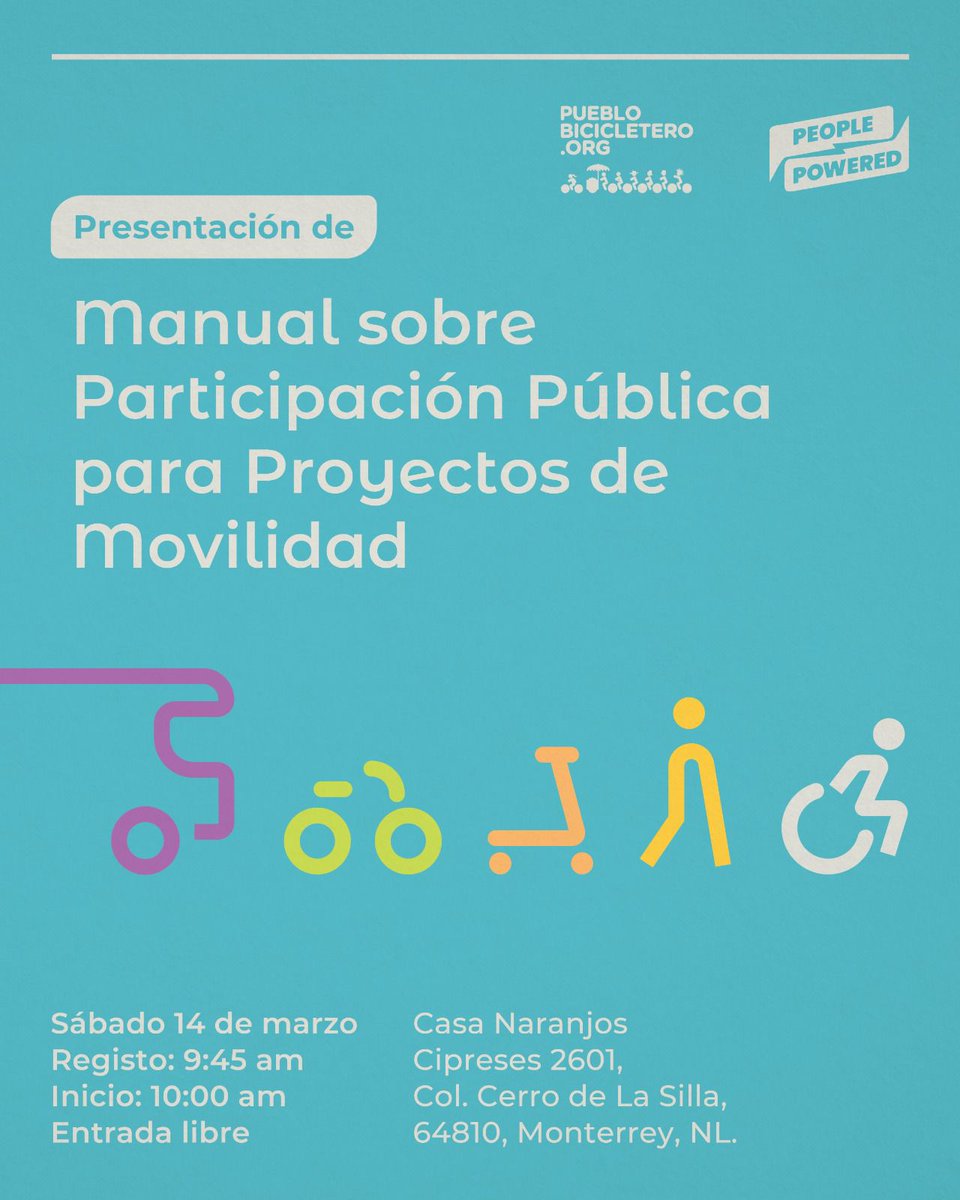 ¡Ven a la presentación del Manual sobre Participación Pública para Proyectos de Movilidad! 🚶🏽‍♀️👩🏽‍🦽🚴🏽‍♀️🚌🚚🚙

📅 Sábado 14 de marzo 2026 🕕 9:45 am 📍 Casa Naranjos 

Regístrate aquí: forms.gle/MEBhKXJNh7PAd1…

 ¡Ven por tu ejemplar del manual! ¡Te esperamos!